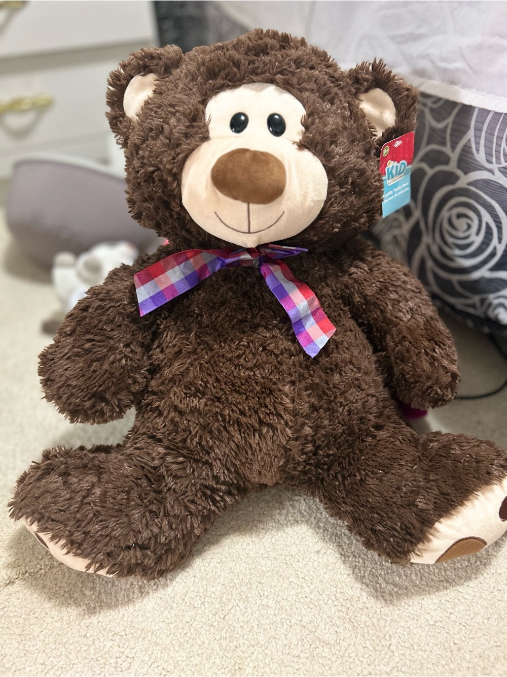 Plush Brown Teddy Bear with Check Ribbon - Kids Toy